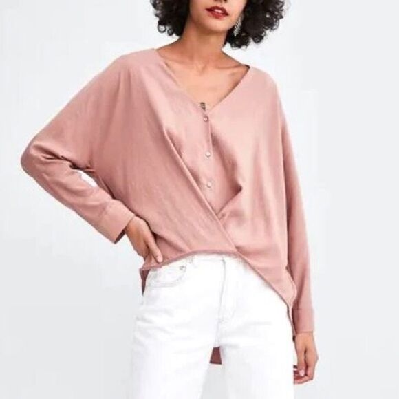 Zara Dusty Rose High Low Long Sleeve V-Neck‎ Blouse/ Sz XS - Picture 1 of 8
